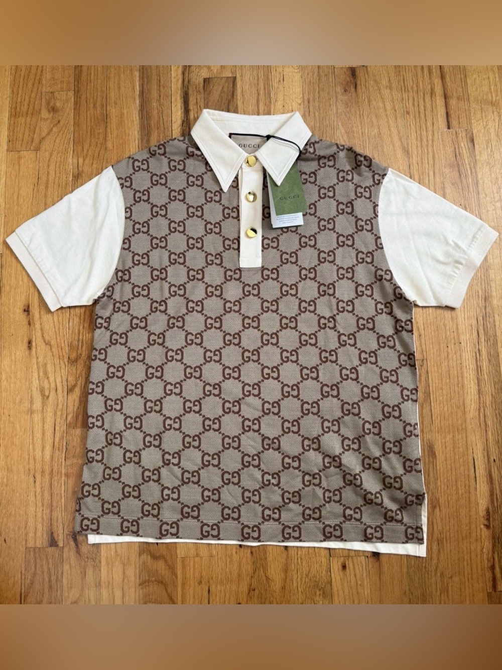 Gucci Brown GG Monogram Polo with White Sleeves